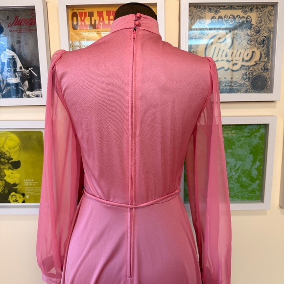 Vintage 70s Pink High-Neck Lace Long Sleeve Vintage Dress - Picture 6 of 11